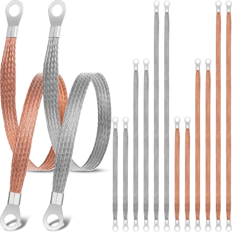 Yaocom 12 قطعة من الأشرطة الأرضية العالمية للسيارات من Yaocom، طقم حزام أرضي للمحرك 10/15/20 بوصة مع أطراف حلقية، أشرطة كابل تأريض للمحرك النحاسي المضفر لمعظم السيارات - Image 1
